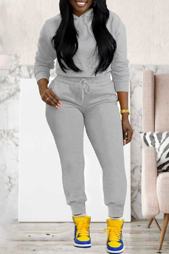 Grey Hooded Long Sleeve Sweatshirt And Draw String Pocket Pants Sportwear Casual Two Pieces Jogger Sets