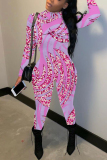 Rose Red Black Casual Graphics Print Half A Turtleneck Skinny Jumpsuits One Piece Bodysuit
