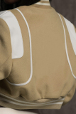 Khaki Buckle Baseball Collar Long Sleeve Casual Crop Varsity Bomber Jacket