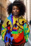 Yellow Casual African Figure Print Long Sleeve Fall Winter Hooded Sweatshirt