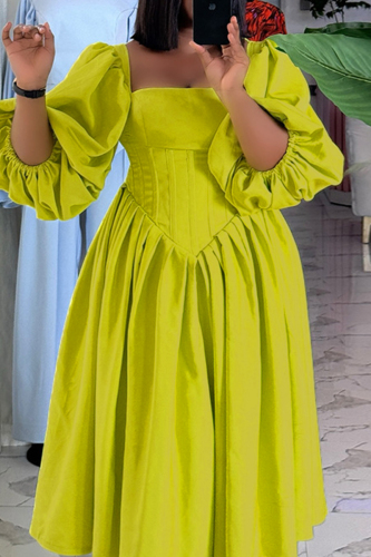 Yellow Backless Square Neck Puff Sleeve Belted Formal Evening Party Prom A Line Pleated Maxi Dresses