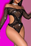 Black Hot Drill Hollow Out See-Through Backless Long Sleeve Mesh Lingerie One Piece Bodysuit