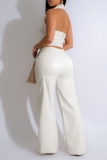 Black Sleeveless Backless Belted PU Leather Halter Crop Tops And Wide Leg Pants Formal Evening Party Prom Two Pieces Trouser Sets
