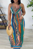 Multicolor Graphics Print Backless Spaghetti Strap Floor Length Vacation Baggy Plus Size Sundress Slip Maxi Dress