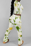 Light Purple Floral Print O Neck Long Sleeve Crop T Shirt And Flare Leg Pants Sportwear Casual Two Pieces Jogger Sets
