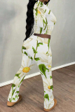 Light Purple Floral Print O Neck Long Sleeve Crop T Shirt And Flare Leg Pants Sportwear Casual Two Pieces Jogger Sets