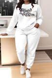 White Letter Print O Neck Long Sleeve Sweatshirt And Pants Sportwear Matching Sweatsuit Set