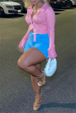 Pink Casual Buttons Turndown Collar Irregular Crop Knitted Sweater Tops