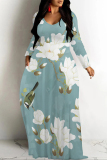 Green Floral Print V Neck Long Sleeve Floor Length Casual Outings Loose Boho Maxi Dress
