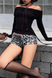 Grey Leopard Sequins Mid Waist Night Club Skinny Shorts