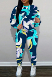 Navy Blue Graphics Print O Neck Long Sleeve Sweatshirt And Skinny Pants Sportwear Matching Sweatsuit Set