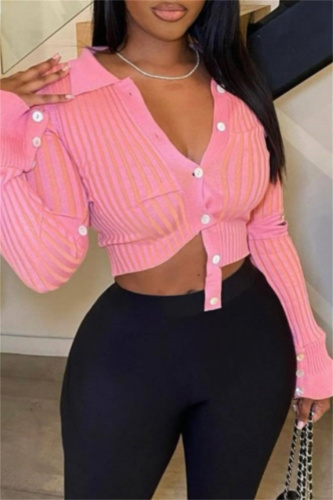 Pink Casual Buttons Turndown Collar Irregular Crop Knitted Sweater Tops
