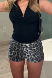 Grey Leopard Sequins Mid Waist Night Club Skinny Shorts