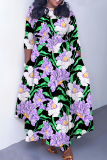 Red Green Casual Floral Print O Neck 3/4 Sleeve Belted Pockets Long Vacation Pleated Maxi Dresses