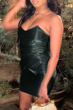 Dark Green Sleeveless Backless Strapless PU Leather Tube Tops And Mini Skirt Night Club Two Pieces Dress Sets