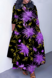 Red Green Casual Floral Print O Neck 3/4 Sleeve Belted Pockets Long Vacation Pleated Maxi Dresses