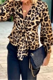 Multicolor Leopard Print V Neck Lantern Sleeve Front Knotted Casual Formal Office Lady Blouse