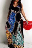 Multicolor Boho Graphics Print Backless Spaghetti Strap Floor Length Vacation Baggy Plus Size Sundress Slip Maxi Dress