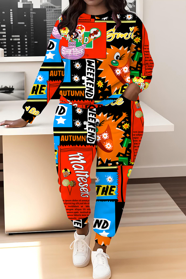 Multicolor Graphics Boho Print O Neck Long Sleeve Sweatshirt And Skinny Pants Casual Sportwear Two Pieces Sweatsuit Sets