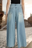 Dark Grey Casual Pocket High Waist Distressed Wide Leg Denim Jeans