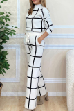 Green Plaid Print Turtleneck Long Sleeve Tops And Wide Leg Pants Formal Office Lady Casual Two Pieces Trouser Sets