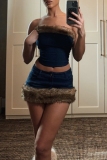 Blue Backless Strapless Sleeveless Fluffy Trim Denim Tube Crop Tops And Mini Skirts Two Pieces Dress Sets
