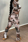 Brown Letters Tie Dye Chain Print O Neck Long Sleeve Crop T Shirt and Flare Leg Pants Sportwear Casual Two Pieces Jogger Sets