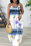 Multicolor Graphics Print Backless Spaghetti Strap Floor Length Vacation Baggy Plus Size Sundress Slip Maxi Dress