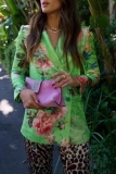 Green Floral Print Cardigan Turn-back Collar Buttons Casual Formal Office Lady Blazer Jackets
