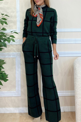 Green Plaid Print Turtleneck Long Sleeve Tops And Wide Leg Pants Formal Office Lady Casual Two Pieces Trouser Sets