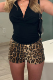 Grey Leopard Sequins Mid Waist Night Club Skinny Shorts