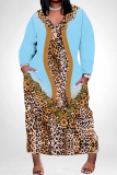 Leopard Snakeskin Print V Neck Long Sleeve Pocket Plus Size Baggy Straight Casual Outing Plus Size Maxi Dress