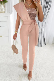 Pink Sequins Sleeveless Backless Belted Formal Evening Party Prom Bodycon Jumpsuits
