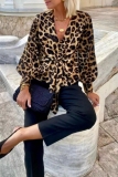 Multicolor Leopard Print V Neck Lantern Sleeve Front Knotted Casual Formal Office Lady Blouse