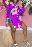 Purple Casual Floral Print Long Sleeve Buttons Slit Turndown Collar Blouse Shirt Tops