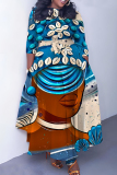 Blue Brown Casual African Figure Print O Neck 3/4 Sleeve Belted Pockets Long Vacation Pleated Maxi Dresses