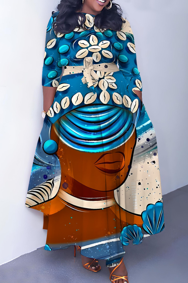 Blue Brown Casual African Figure Print O Neck 3/4 Sleeve Belted Pockets Long Vacation Pleated Maxi Dresses
