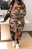 Blue Brown Graphics Boho Print O Neck Long Sleeve Sweatshirt And Skinny Pants Casual Sportwear Two Pieces Sweatsuit Sets