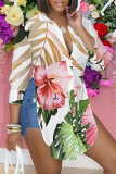 Purple Casual Floral Print Long Sleeve Buttons Slit Turndown Collar Blouse Shirt Tops