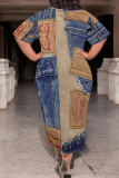 Dark Blue Casual Faux Denim Print Pocket O Neck Short Sleeve Loose Plus Size Maxi T-shirt Dresses