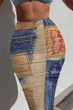 Dark Blue Casual Faux Denim Print Contrast High Waist Skinny Maxi Skirt