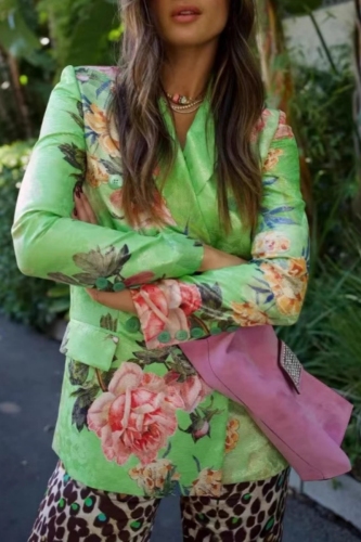 Green Floral Print Cardigan Turn-back Collar Buttons Casual Formal Office Lady Blazer Jackets