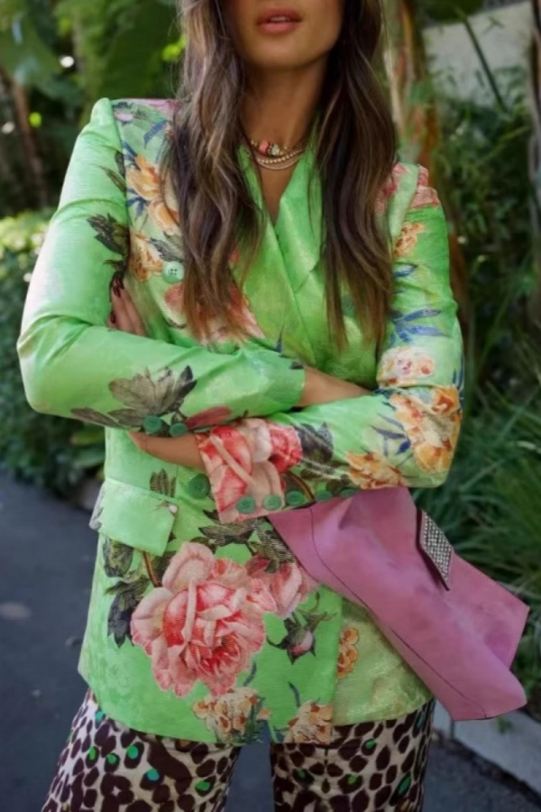 Green Floral Print Cardigan Turn-back Collar Buttons Casual Formal Office Lady Blazer Jackets