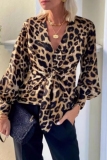 Multicolor Leopard Print V Neck Lantern Sleeve Front Knotted Casual Formal Office Lady Blouse