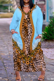 Leopard Snakeskin Print V Neck Long Sleeve Pocket Plus Size Baggy Straight Casual Outing Plus Size Maxi Dress