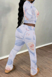 Light Purple Floral Print O Neck Long Sleeve Crop T Shirt And Flare Leg Pants Sportwear Casual Two Pieces Jogger Sets