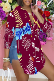 Purple Casual Floral Print Long Sleeve Buttons Slit Turndown Collar Blouse Shirt Tops