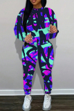 Navy Blue Graphics Print O Neck Long Sleeve Sweatshirt And Skinny Pants Sportwear Matching Sweatsuit Set