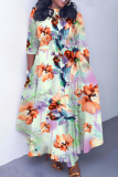 Red Green Casual Floral Print O Neck 3/4 Sleeve Belted Pockets Long Vacation Pleated Maxi Dresses