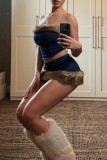 Blue Backless Strapless Sleeveless Fluffy Trim Denim Tube Crop Tops And Mini Skirts Two Pieces Dress Sets